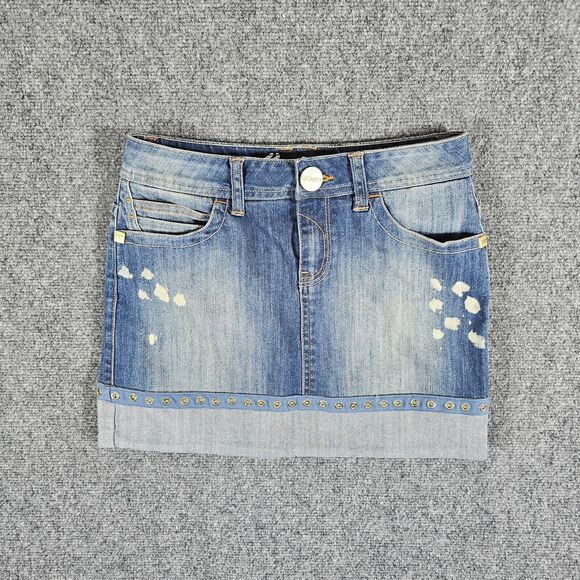 Y2K Rocawear Gold Chain Bling Denim Mini Skirt Blue Women's Size 5 Act 27x14 - Picture 2 of 8